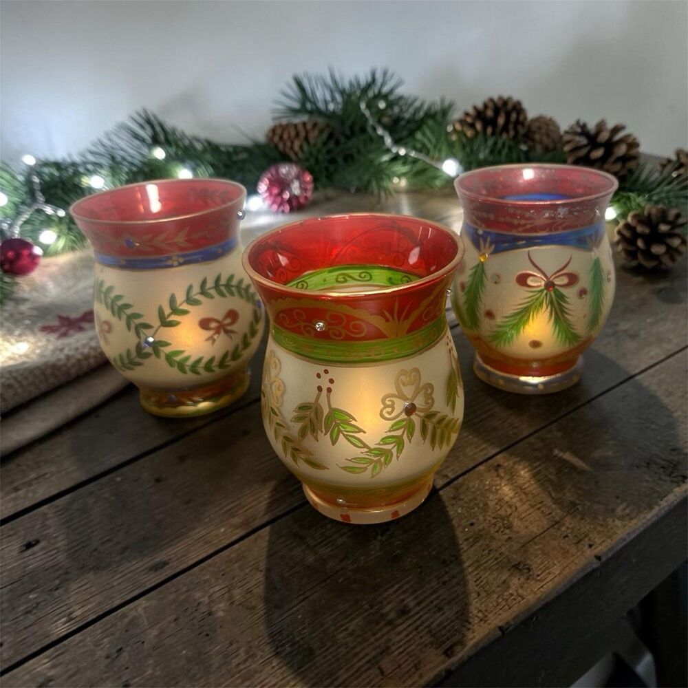 Vintage 2004 Christmas Glass Candle Holder Cups Set of 3 4” Hand Painted